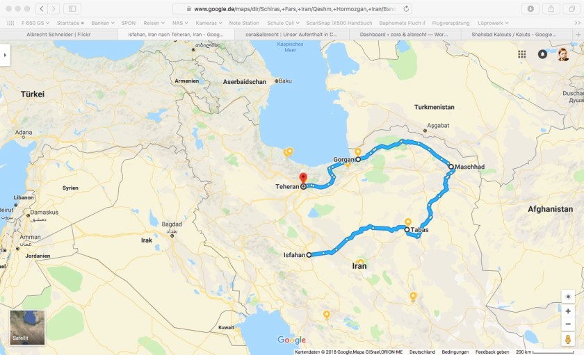 Reiseroute Iran, Isfahan-Tabas-Mashad-Gorgan-Teheran